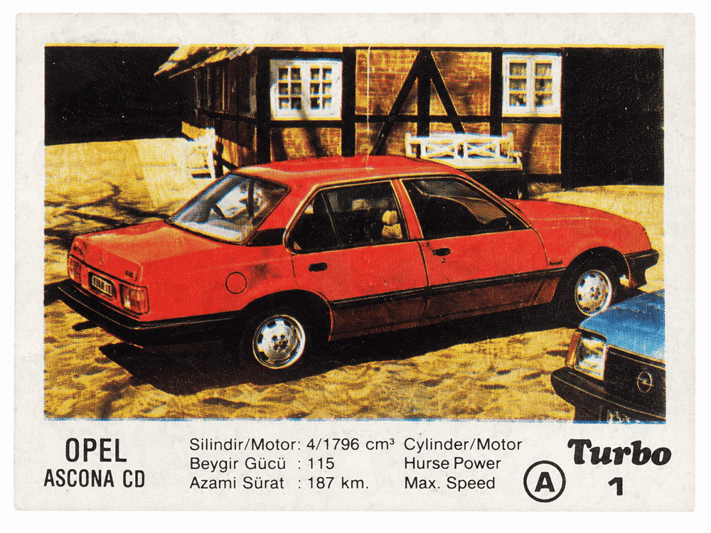 Turbo gum wrapper featuring red Opel Ascona CD classic car, collectible vintage chewing gum insert