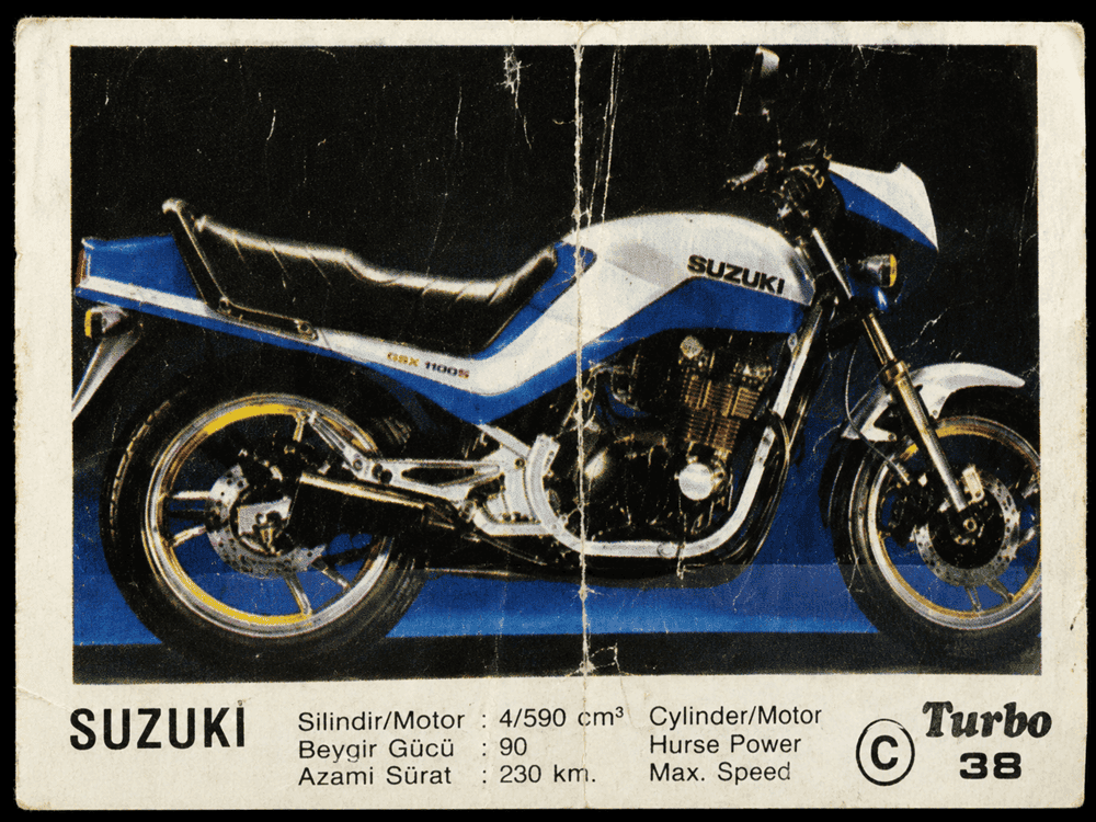 Turbo gum wrapper featuring Suzuki GSX 1100S motorcycle, vintage collectible chewing gum insert