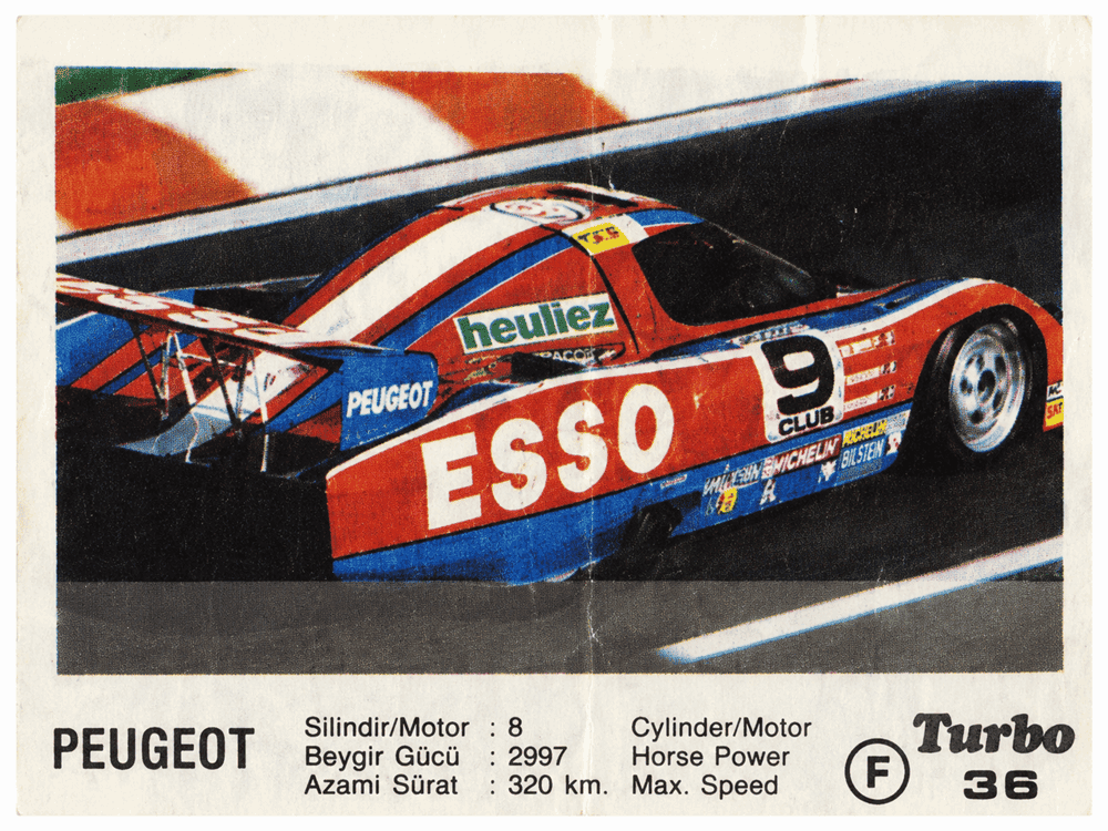 Turbo gum wrapper with Peugeot race car in Esso livery, vintage motorsport collectible insert