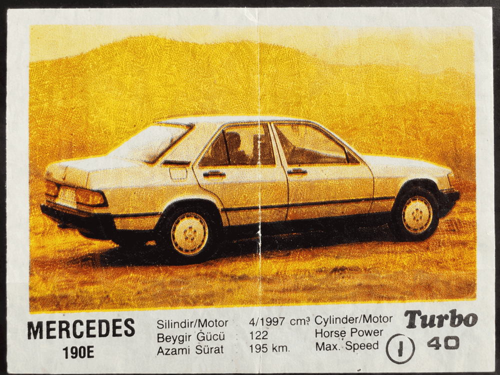 Turbo gum wrapper with Mercedes-Benz 190E sedan, vintage collectible car insert