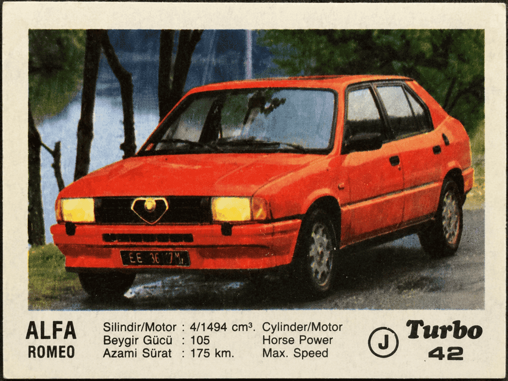 Turbo gum wrapper with red Alfa Romeo 33 hatchback, vintage Italian car collectible insert