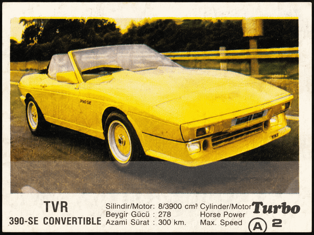 Turbo gum wrapper with yellow TVR 390 SE Convertible sports car, vintage collectible insert