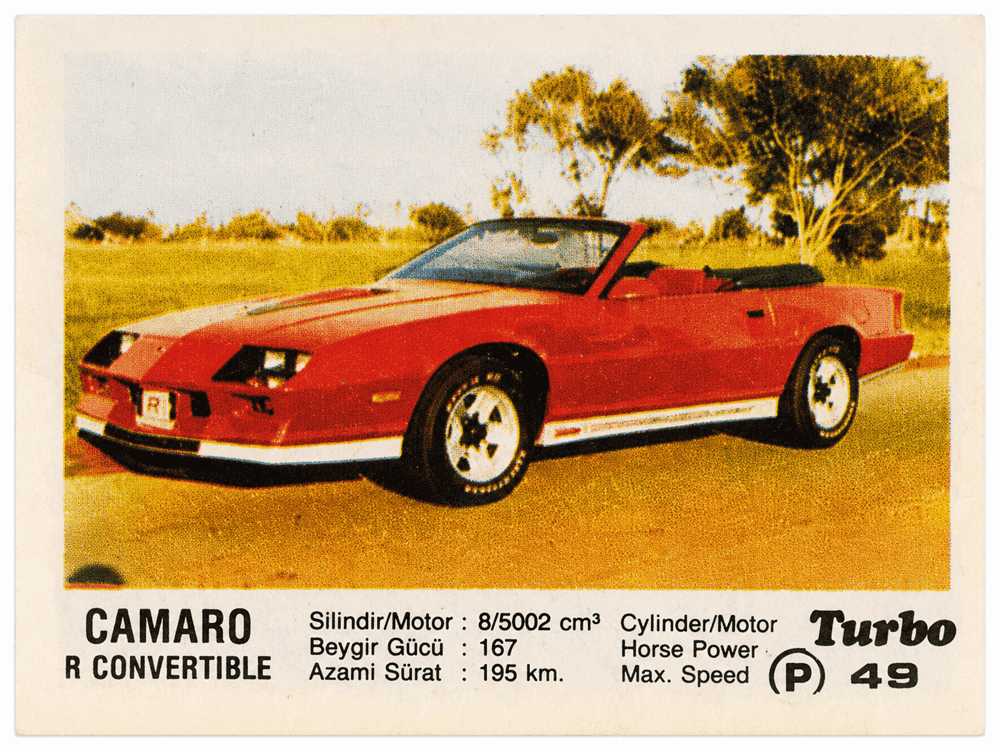Turbo gum wrapper with red Chevrolet Camaro convertible, vintage American muscle car collectible insert