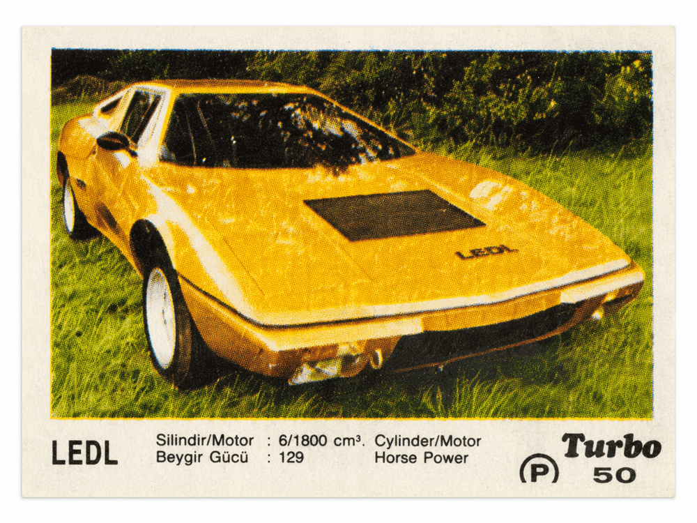 Turbo gum wrapper featuring yellow Ledl sports car, rare vintage collectible chewing gum insert
