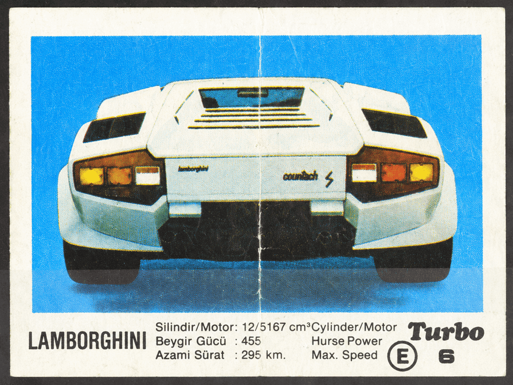 Turbo gum wrapper featuring white Lamborghini Countach rear view, vintage sports car collectible