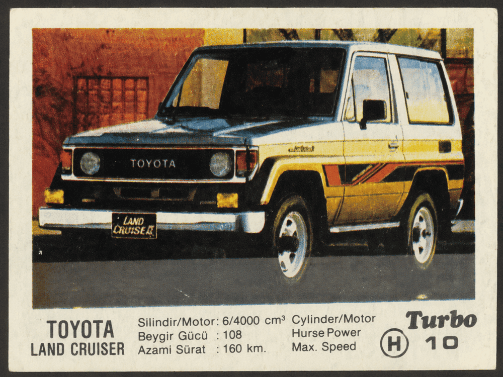 Turbo gum wrapper featuring Toyota Land Cruiser SUV, classic 4x4 collectible chewing gum insert