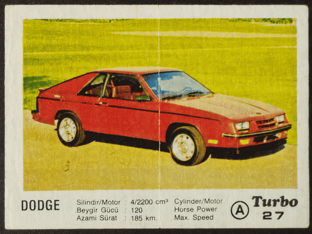 Turbo gum wrapper with red Dodge coupe, vintage American car collectible insert